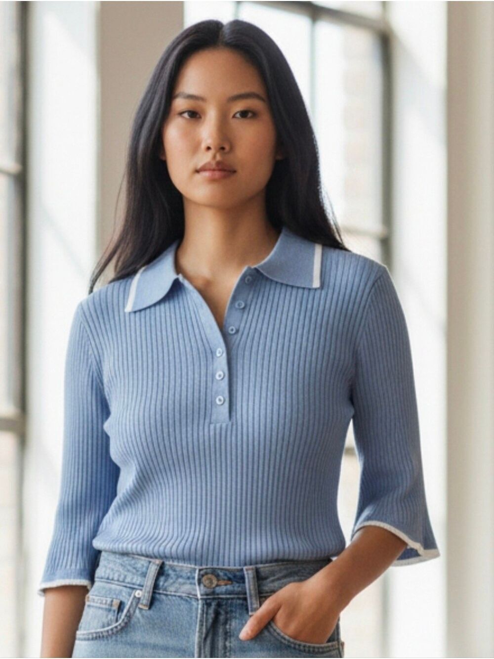 Calvin Klein Jeans Light Blue Ribbed Knit Polo Sweater #SW4